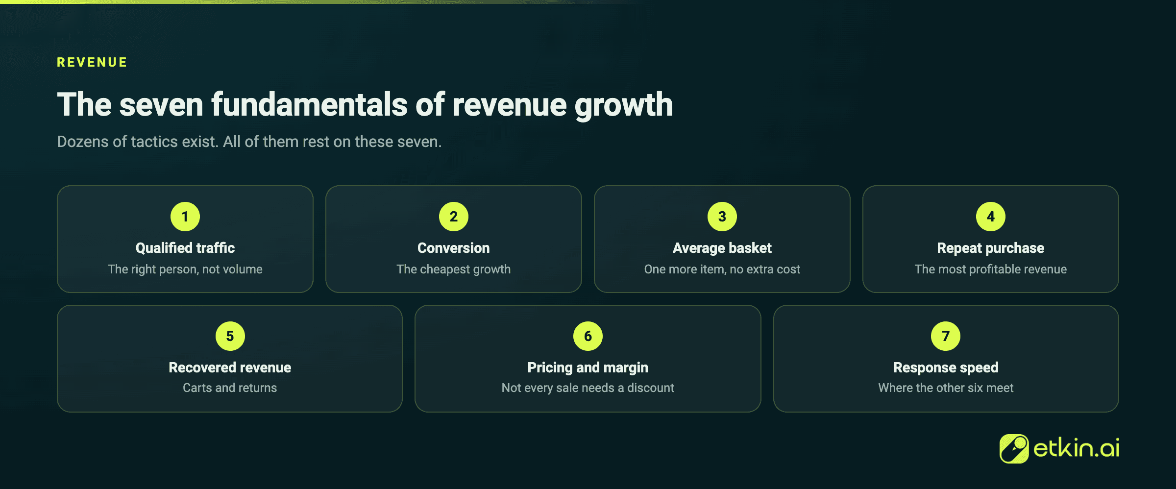 The seven fundamentals: traffic, conversion, basket, repeat purchase, recovered revenue, pricing, speed