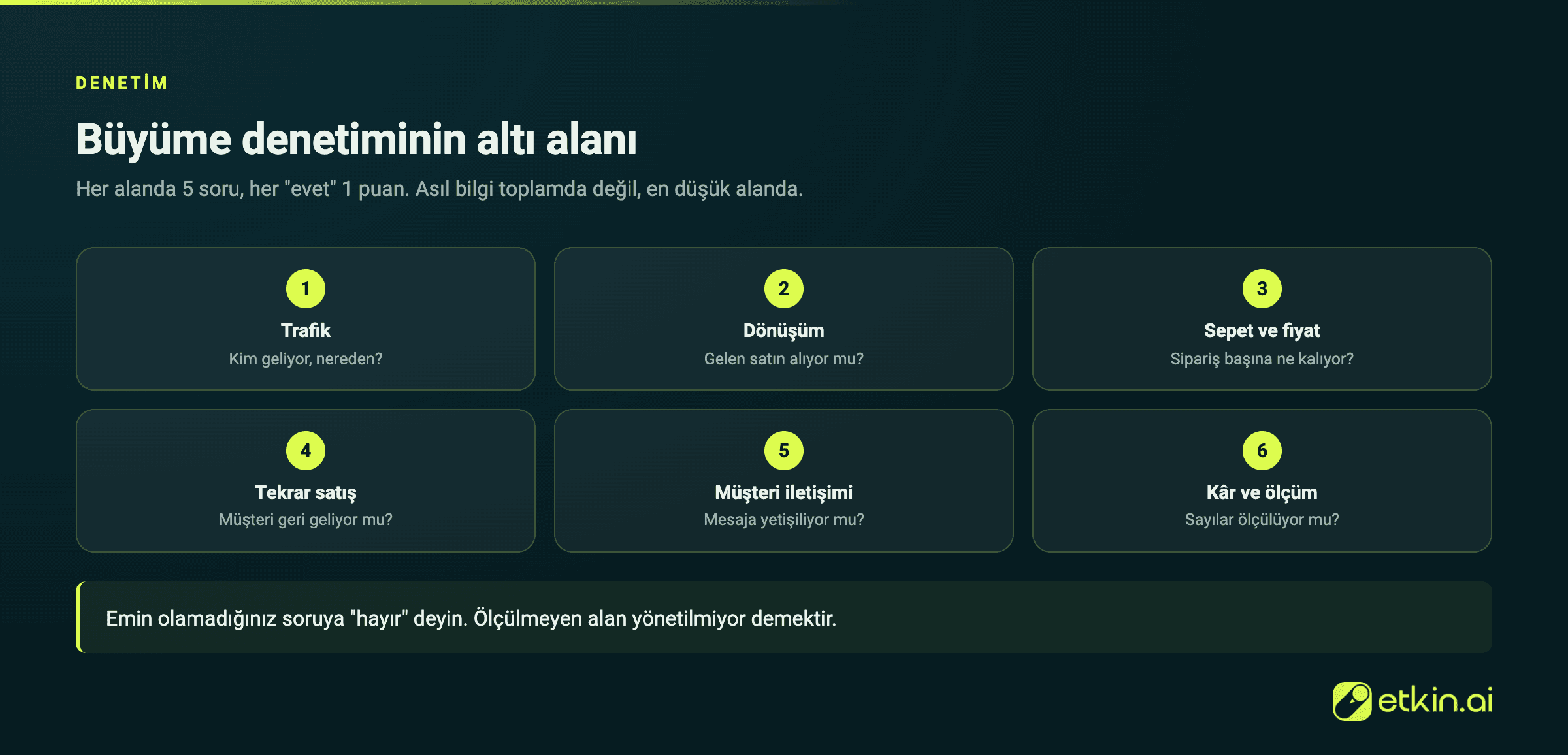 Büyüme denetiminin altı alanı: trafik, dönüşüm, sepet, tekrar satış, müşteri iletişimi, kâr
