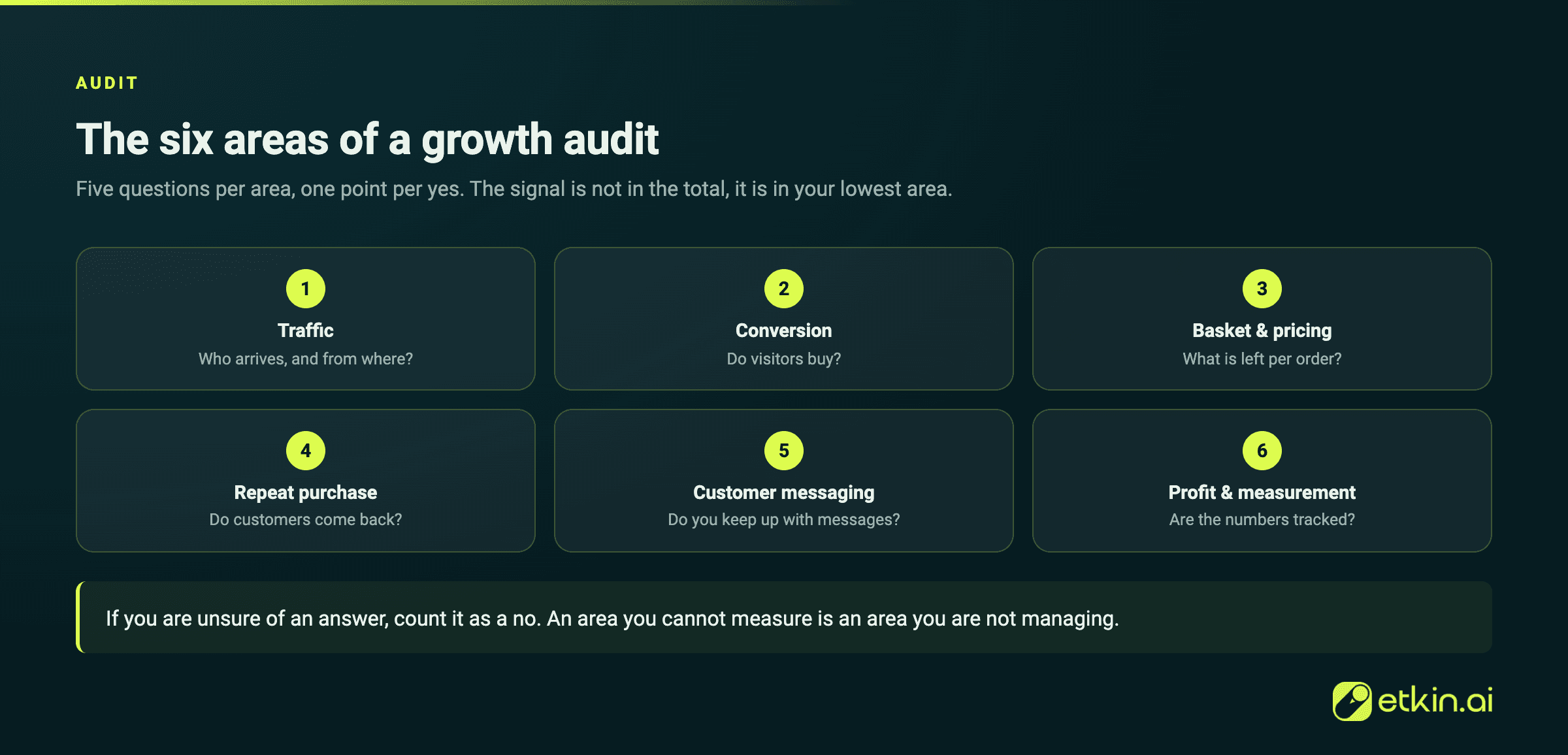 The six areas of a growth audit: traffic, conversion, basket, repeat purchase, messaging, profit